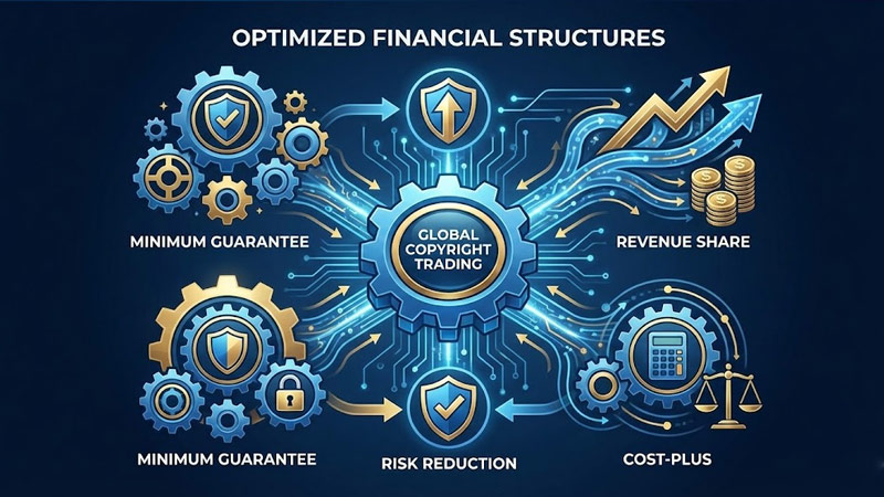 Conceptual illustration of various revenue models and financial structures in international copyright trading