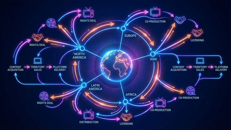 An abstract image of flow charts and arrows depicting international film and TV deals across a global network