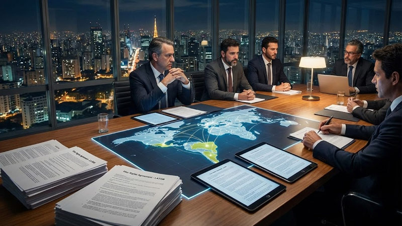 An image of a negotiation table with legal documents
