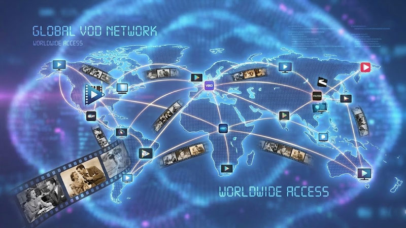 network of VOD platforms streaming classic films, globally interconnected in a digital environment